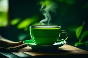 un taza de verde té es humeante en un de madera mesa. generado por ai foto