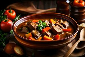 a bowl of beef stew with vegetables and tomatoes. AI-Generated photo