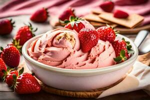 strawberry ice cream in a bowl with fresh strawberries. AI-Generated photo