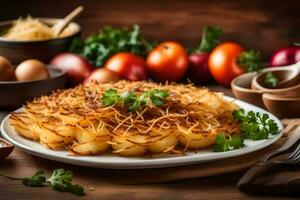 a plate of potatoes with parsley and eggs on a wooden table. AI-Generated photo