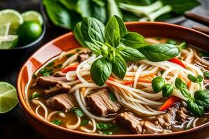 a bowl of beef noodle soup with beef, basil and lime. AI-Generated photo