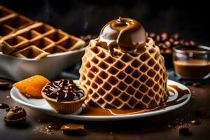a waffle with chocolate and caramel on top. AI-Generated photo