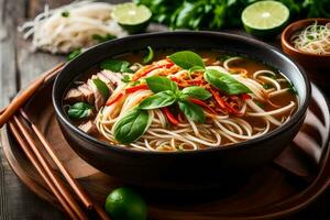 asiático fideos sopa con carne y vegetales en un bol. generado por ai foto