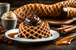 a waffle with chocolate and caramel drizzle on top. AI-Generated photo