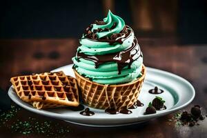 a waffle cone with chocolate and mint frosting. AI-Generated photo