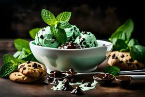 chocolate mint ice cream with cookies and mint leaves. AI-Generated photo
