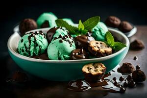 a bowl of chocolate ice cream with mint and chocolate chips. AI-Generated photo