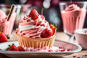 a cupcake with strawberry frosting and strawberries. AI-Generated photo
