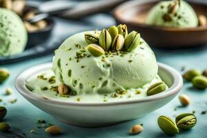 pistacho hielo crema en un cuenco con pistacho nueces. generado por ai foto