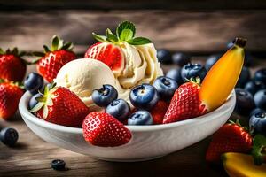 a bowl of ice cream with strawberries, blueberries and bananas. AI-Generated photo