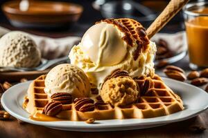 ice cream waffle with caramel and nuts on a wooden table. AI-Generated photo