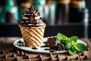 chocolate ice cream in a waffle cone with mint leaves. AI-Generated photo