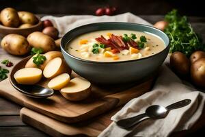 a bowl of potato soup with bacon and potatoes on a wooden board. AI-Generated photo