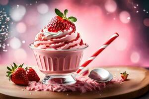 a strawberry ice cream with whipped cream and strawberries. AI-Generated photo