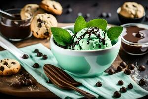 chocolate chip cookies and mint ice cream. AI-Generated photo