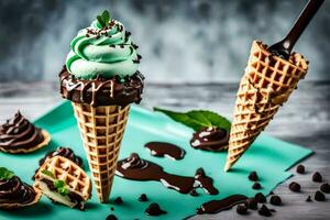 chocolate ice cream in waffle cones with mint leaves. AI-Generated photo