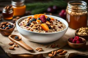 un cuenco de harina de avena con nueces y bayas. generado por ai foto