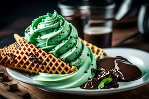 a waffle with green ice cream and chocolate sauce. AI-Generated photo