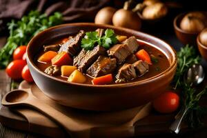 beef stew in a bowl with vegetables and herbs. AI-Generated photo