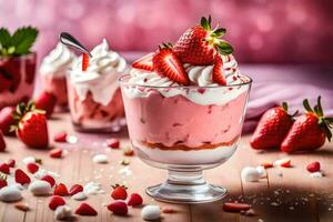 strawberry cheesecake in a glass dish. AI-Generated photo