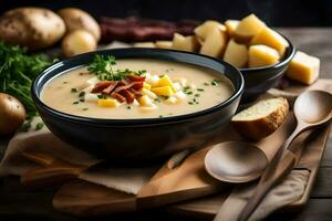 potato soup with bacon and cheese in a bowl. AI-Generated photo