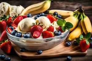 a bowl of ice cream, strawberries, blueberries and bananas. AI-Generated photo