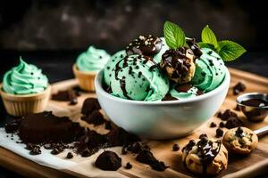 hielo crema con menta y chocolate papas fritas en un bol. generado por ai foto