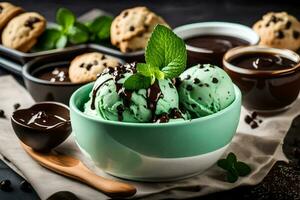 chocolate mint ice cream with cookies and mint leaves on a dark background. AI-Generated photo