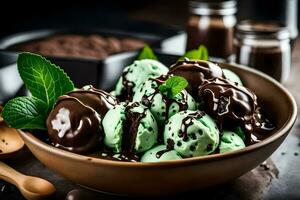 chocolate mint ice cream in a bowl. AI-Generated photo