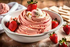 a bowl of strawberry ice cream with crackers. AI-Generated photo