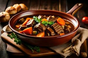 beef stew in a brown bowl on a wooden table. AI-Generated photo