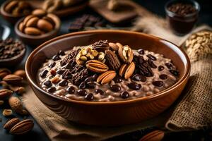 chocolate oatmeal with nuts and nuts on a dark background. AI-Generated photo