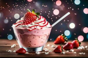 strawberry milkshake with whipped cream and strawberries on a wooden table. AI-Generated photo