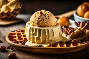 a waffle with ice cream and pecans on a wooden table. AI-Generated photo