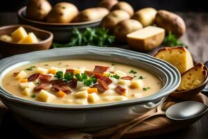 a bowl of potato soup with bacon and cheese. AI-Generated photo