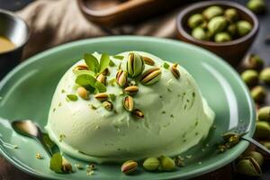 pistachio ice cream with pistachio nuts and mint leaves. AI-Generated photo