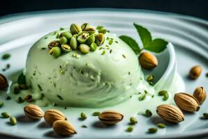 pistacho hielo crema con pistacho nueces en un blanco lámina. generado por ai foto