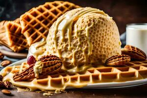 the waffle cone is a classic ice cream cone with a waffle cone base and a scoop. AI-Generated photo