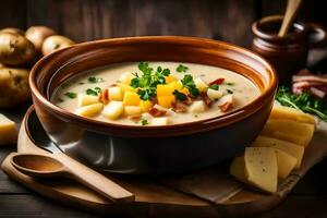 a bowl of potato soup with cheese and bacon. AI-Generated photo