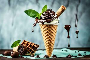 chocolate hielo crema en un gofre cono con chocolate papas fritas. generado por ai foto