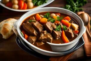 a bowl of beef stew with carrots and potatoes on a wooden table. AI-Generated photo