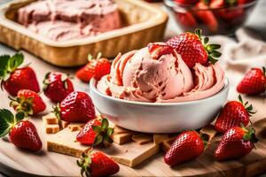 a bowl of ice cream with strawberries on a table. AI-Generated photo