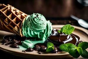 un chocolate hielo crema con menta y chocolate salsa. generado por ai foto