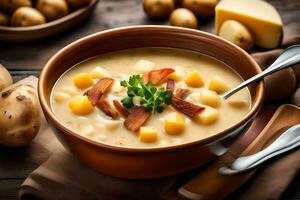 a bowl of potato soup with bacon and cheese. AI-Generated photo