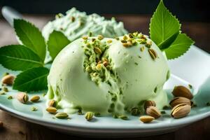 a scoop of pistachio ice cream with pistachio nuts and pistachio leaves on. AI-Generated photo