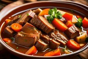 a bowl of stew with meat and carrots. AI-Generated photo