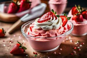 a dessert with strawberries and whipped cream. AI-Generated photo