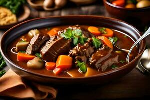 a bowl of beef stew with vegetables and a spoon. AI-Generated photo