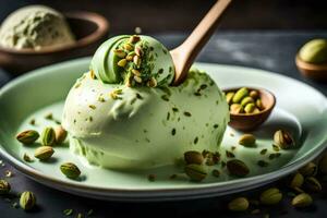 pistachio ice cream with a wooden spoon. AI-Generated photo