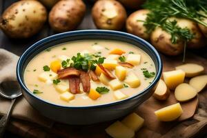 a bowl of potato soup with bacon and potatoes. AI-Generated photo